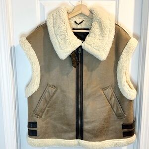Zara Brown Shearling Vest with Cream Trim Size XL